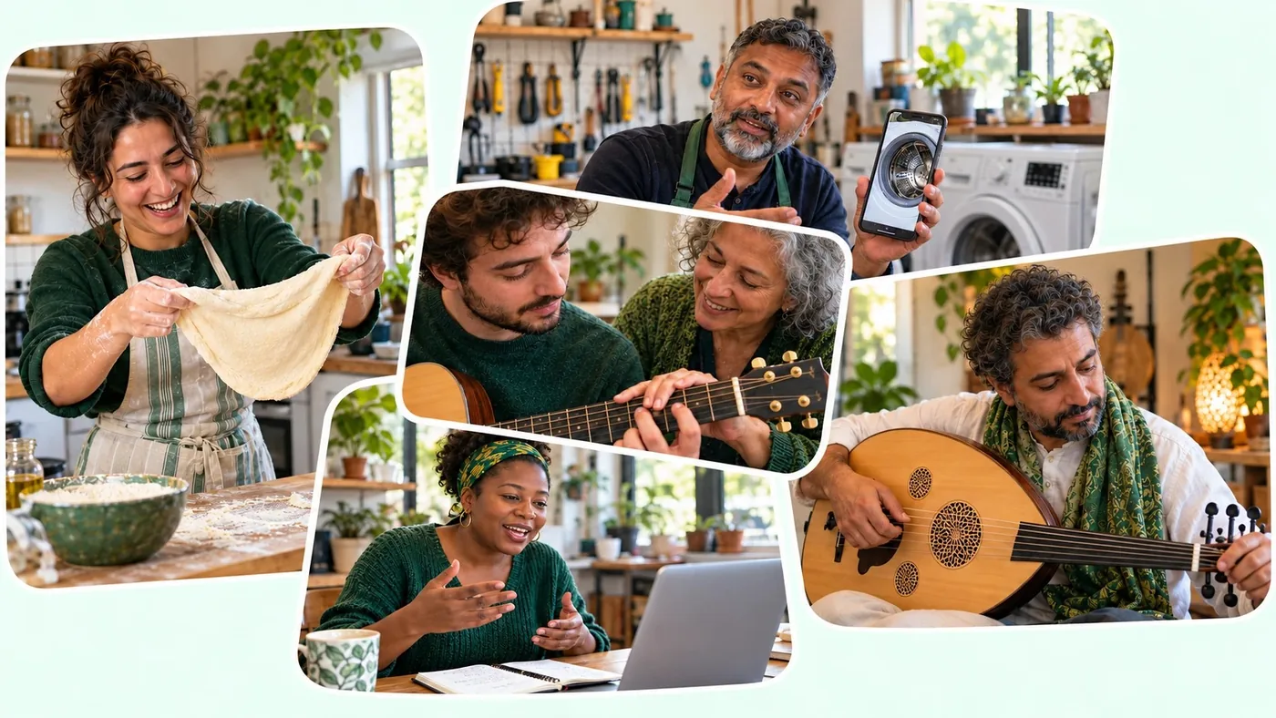Five people teaching over video: a baker, an appliance technician holding a phone, a guitarist, a language teacher at a laptop and an oud player.