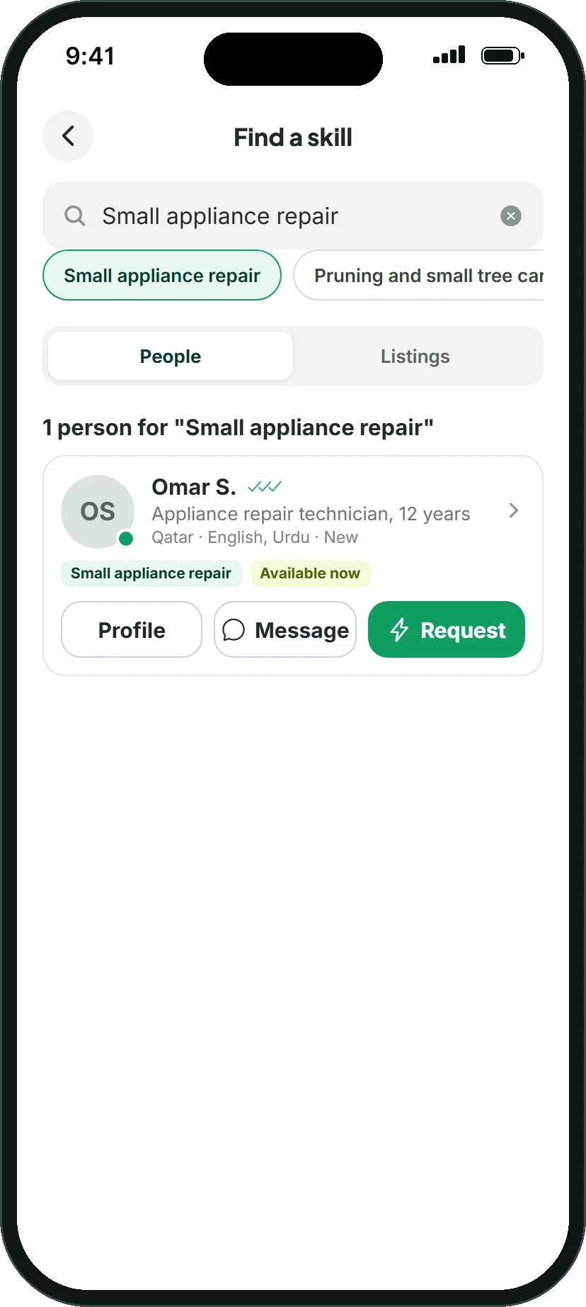 The Hereknows search screen listing a person who teaches small appliance repair, with Profile, Message and Request buttons.