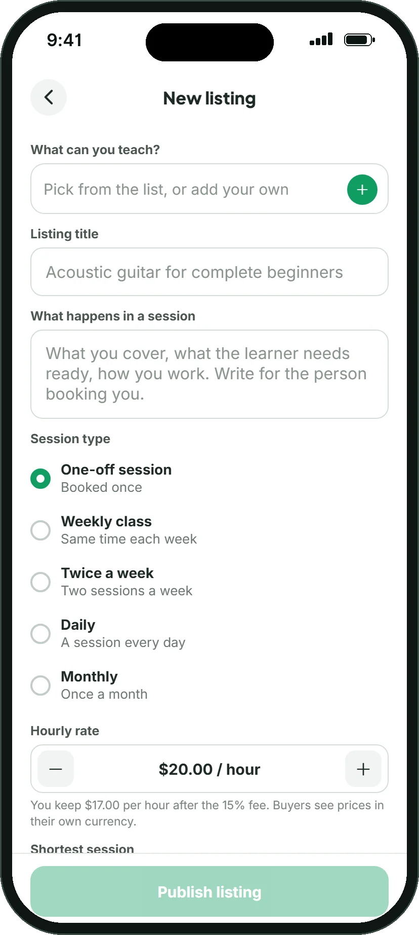The Hereknows new listing form with a skill, a title, a session type and an hourly rate.