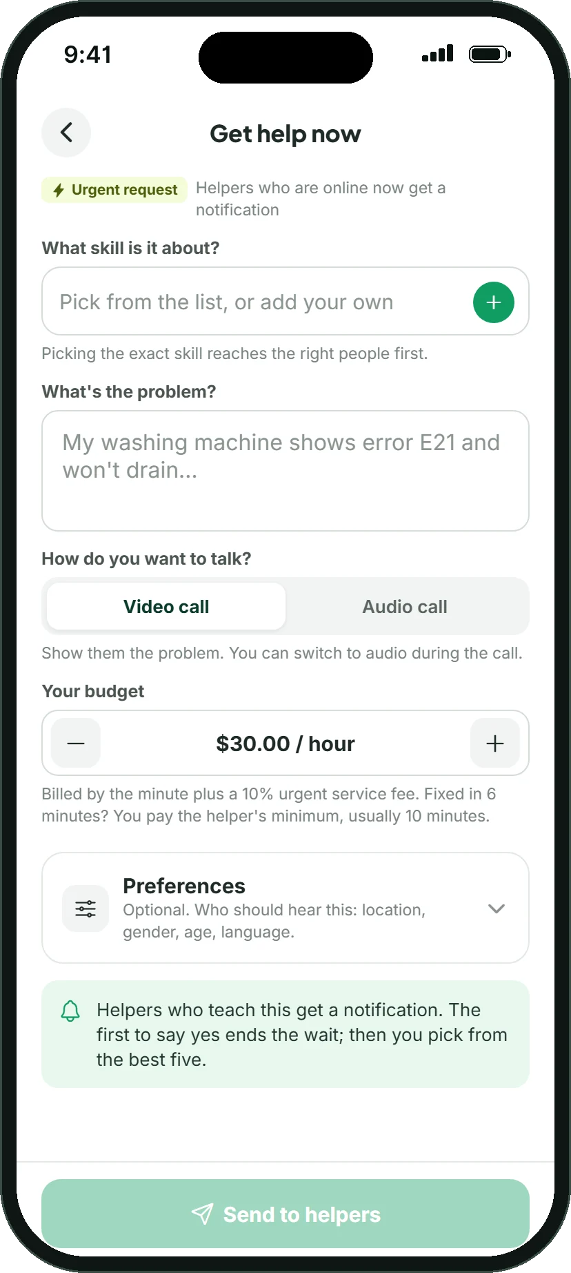 The Hereknows urgent request form with a skill picker, a problem description, a video or audio choice and a budget per hour.